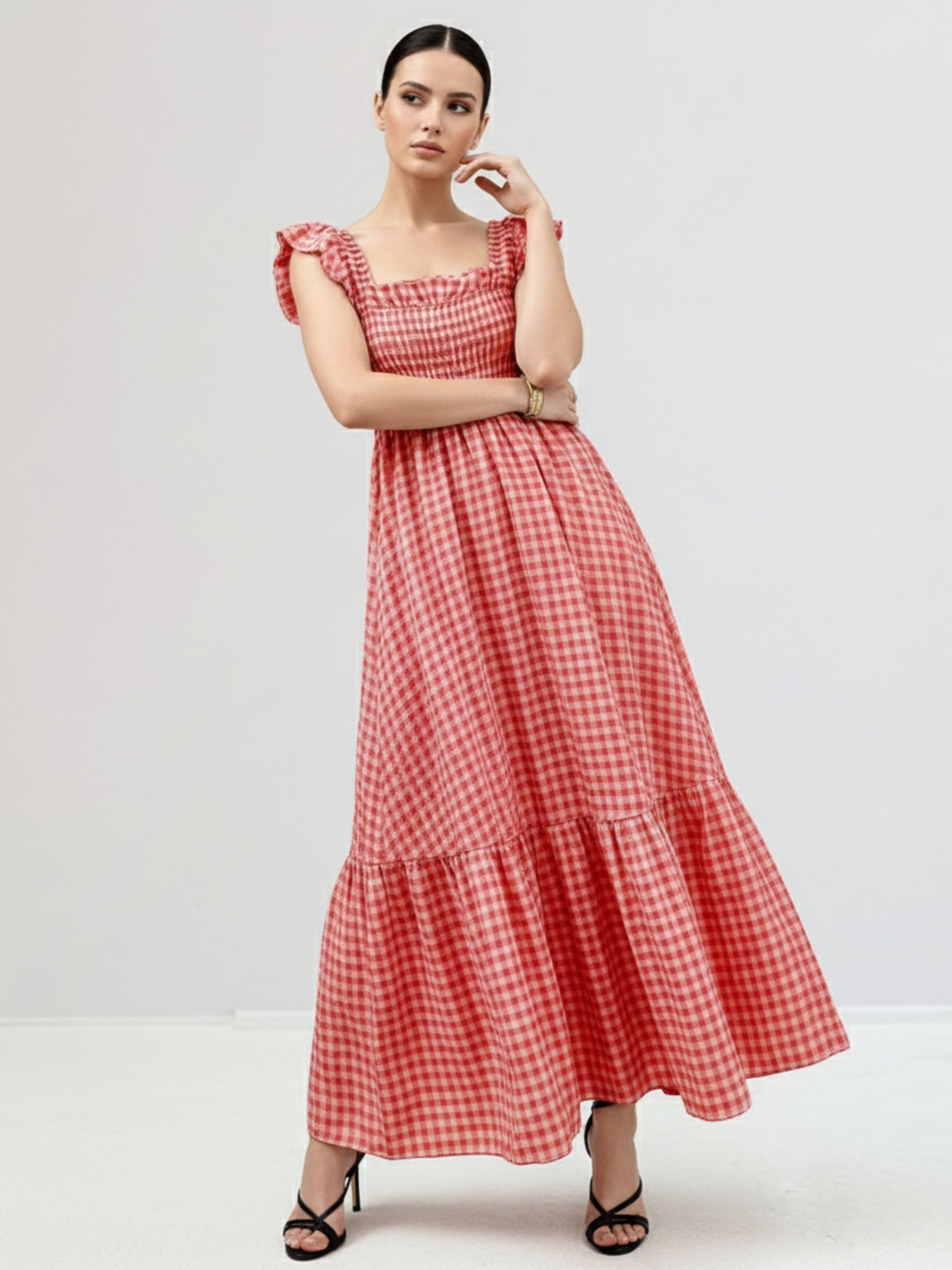 Red Flutter Sleeved Checkered Dress