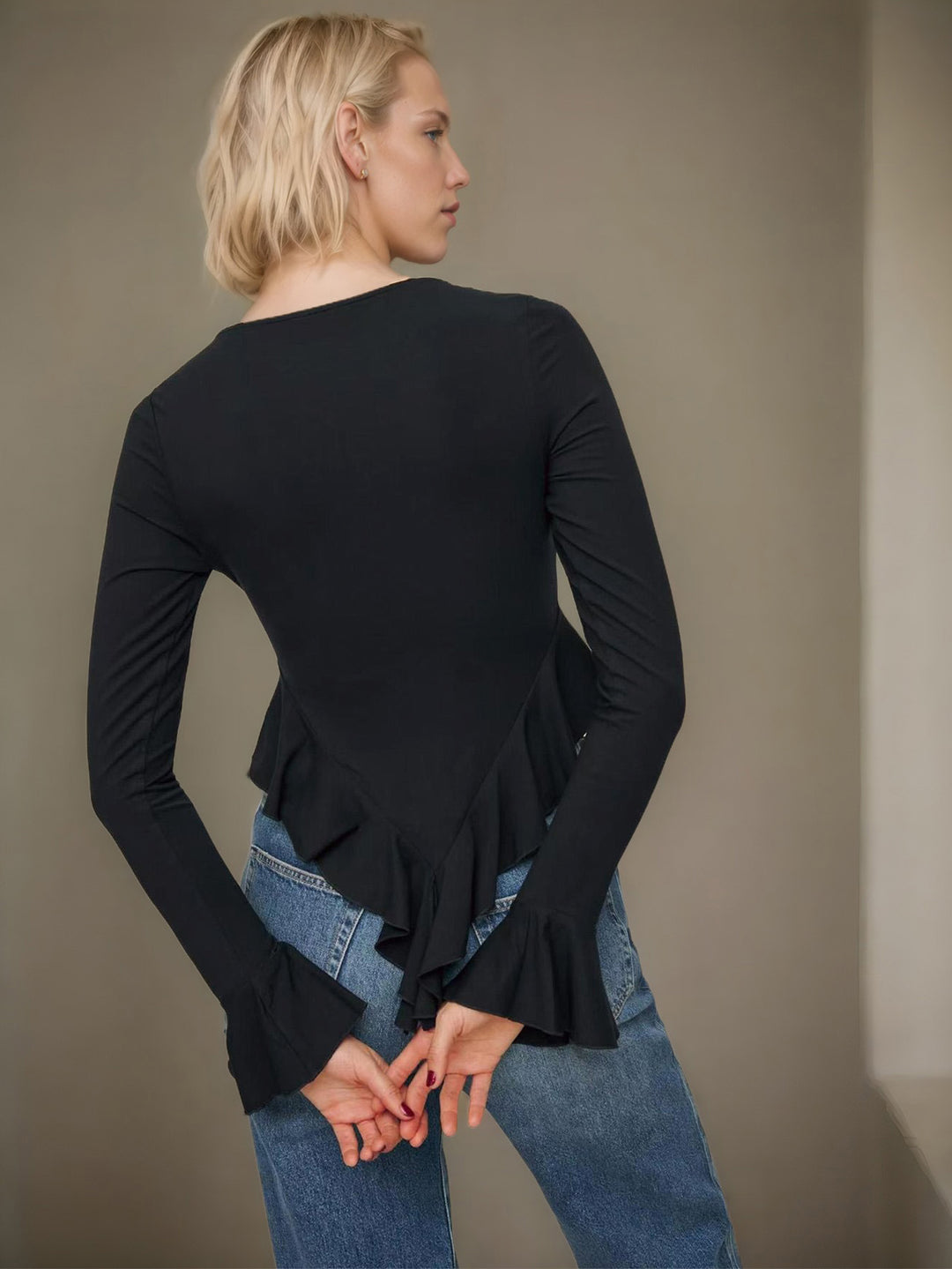 Black V-Neck Ruffle Hem Top