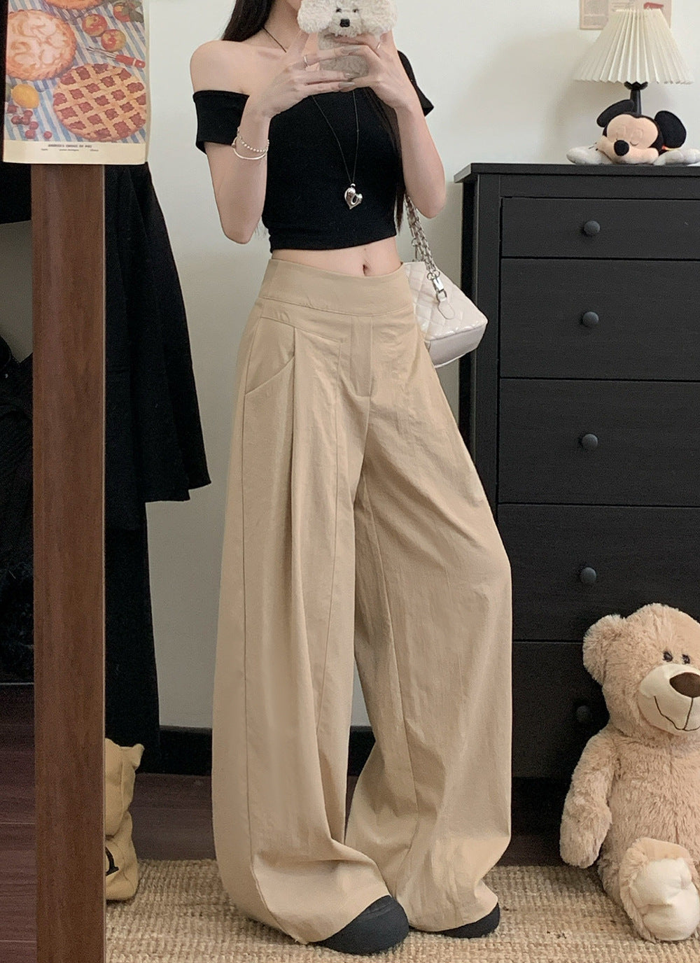 Beige High Waist Pleated Baggy Pant