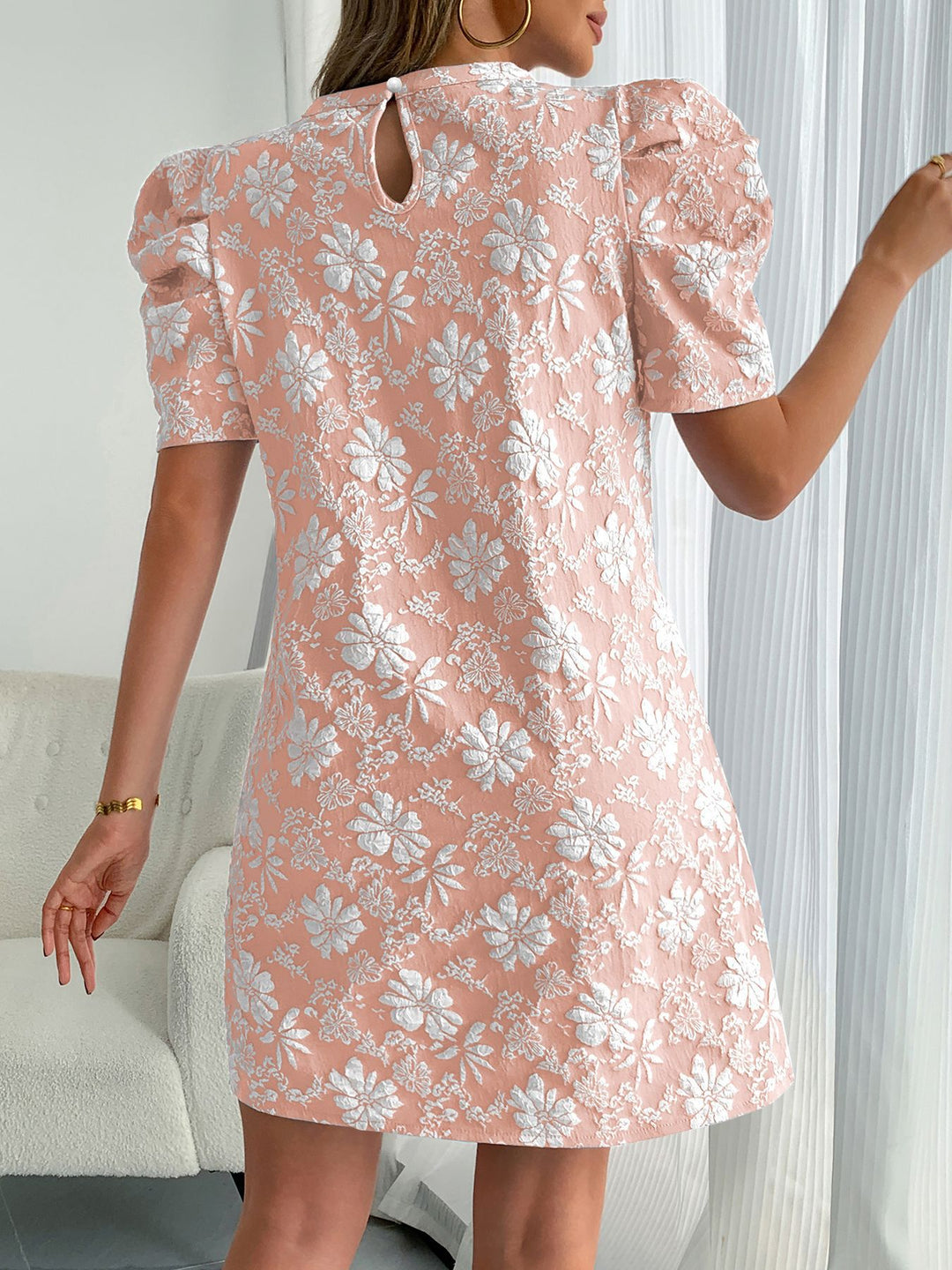 Pink Puff Sleeve Crew Neck Dress