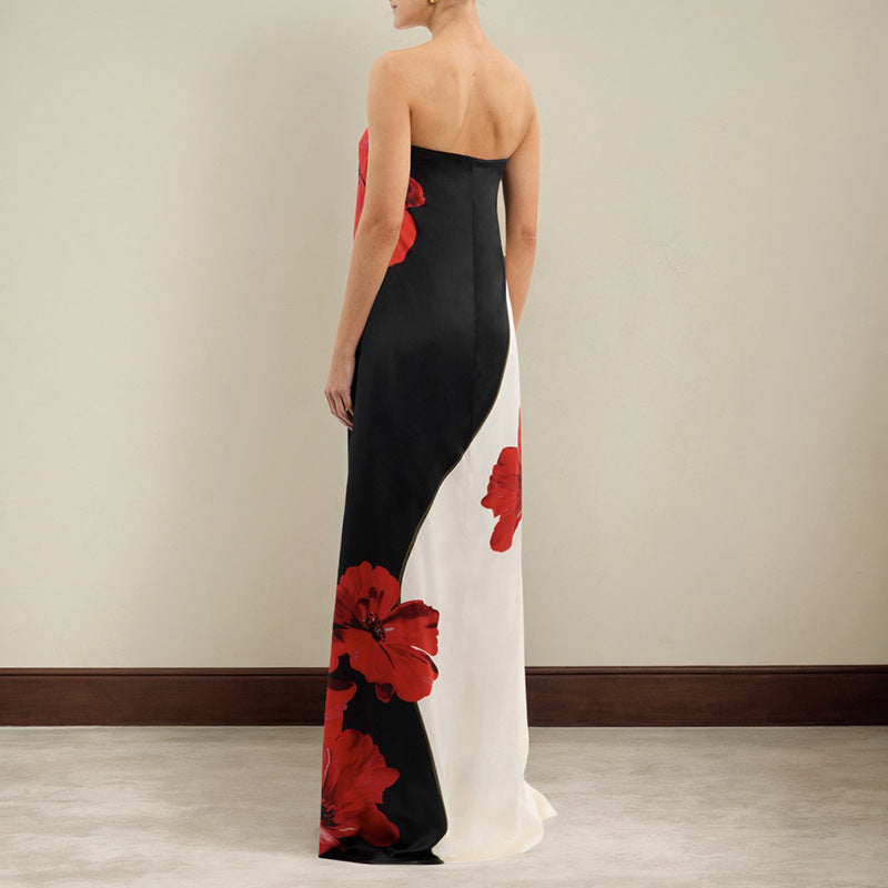 Red Strapless Floral Maxi Dress