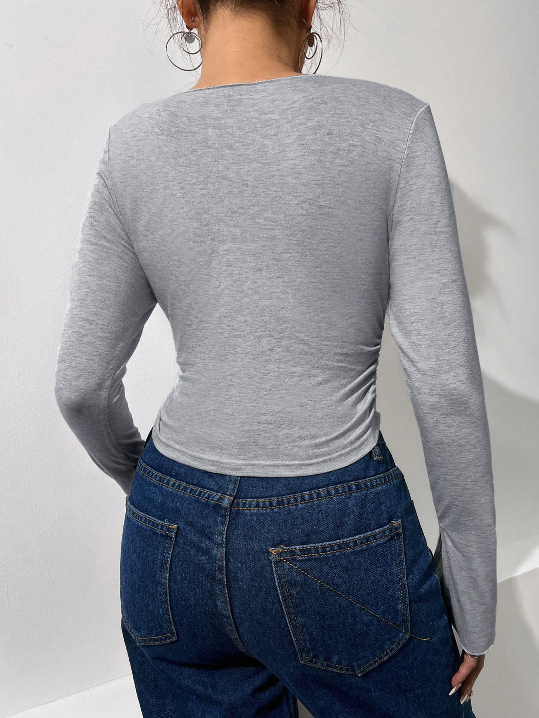 Grey Basic V Neck Full Sleeve With Slit Top