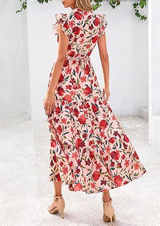 Red Printed Flutter Sleeved Midi Dress