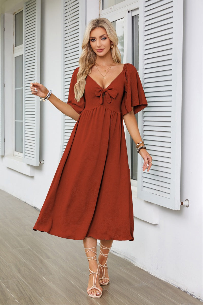 Red Flutter Sleeved Bow Detailed Neck Dress