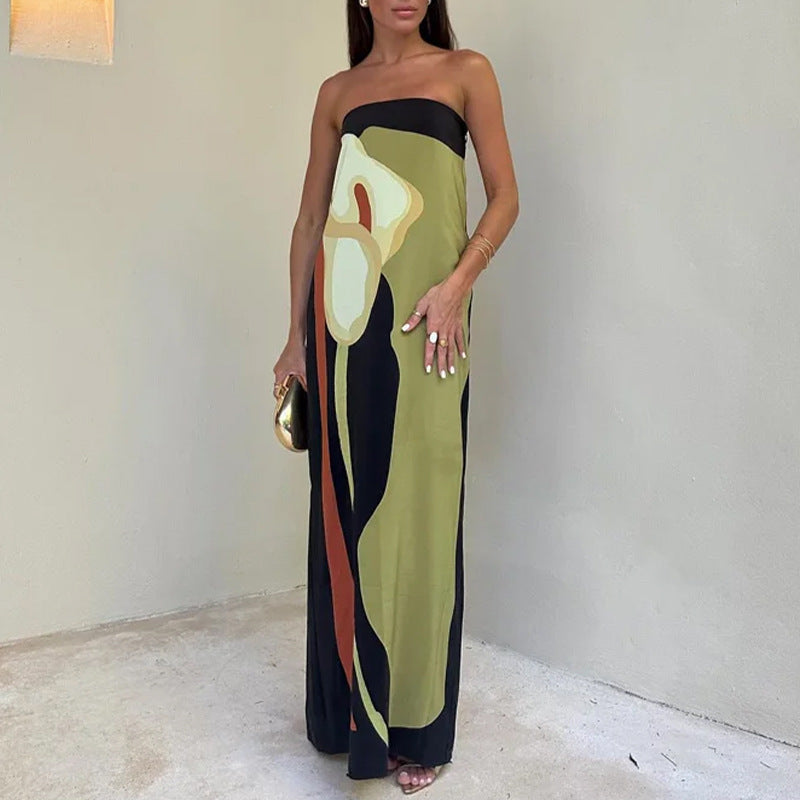 Green Placement Print Off Shoulder Maxi Dress