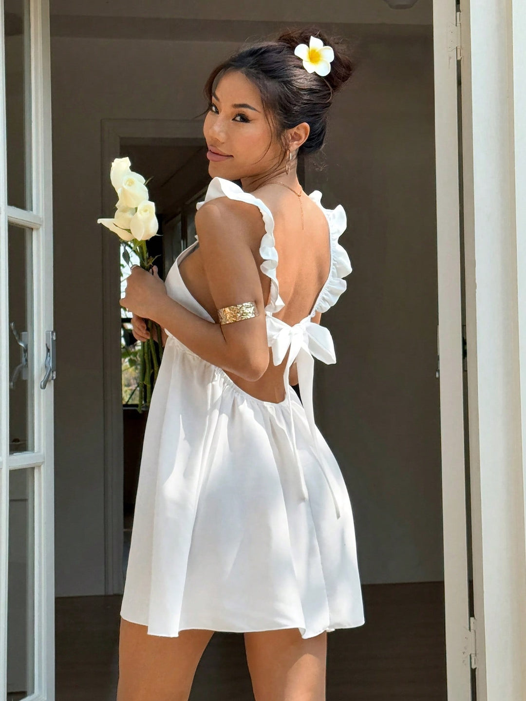 White Ruffle Sleeve V-Plunging Neck Dress