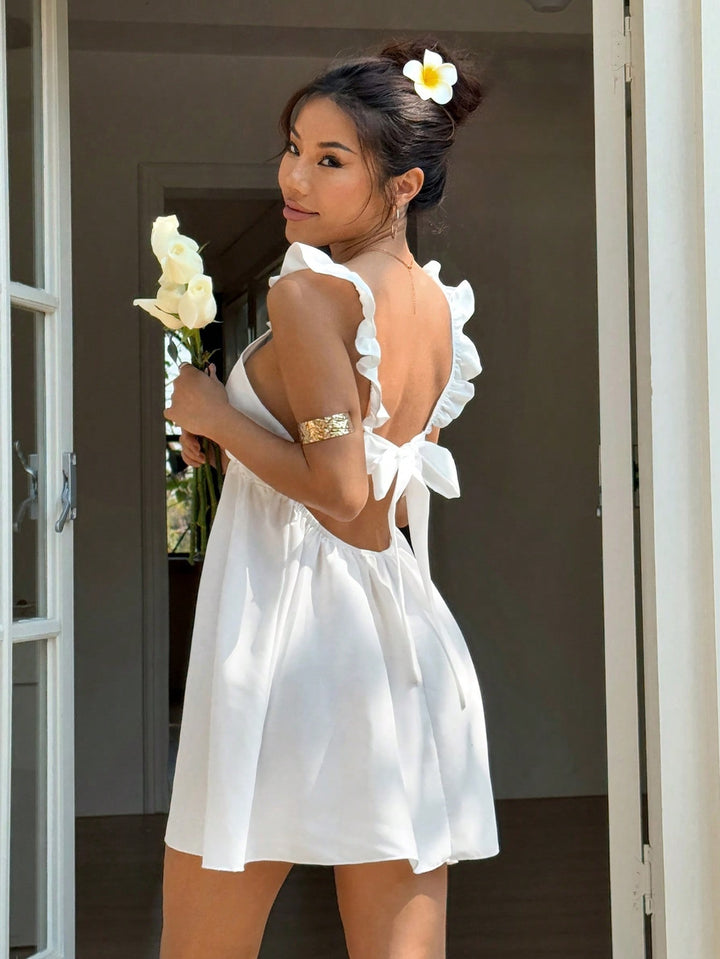 White Ruffle Sleeve V-Plunging Neck Dress