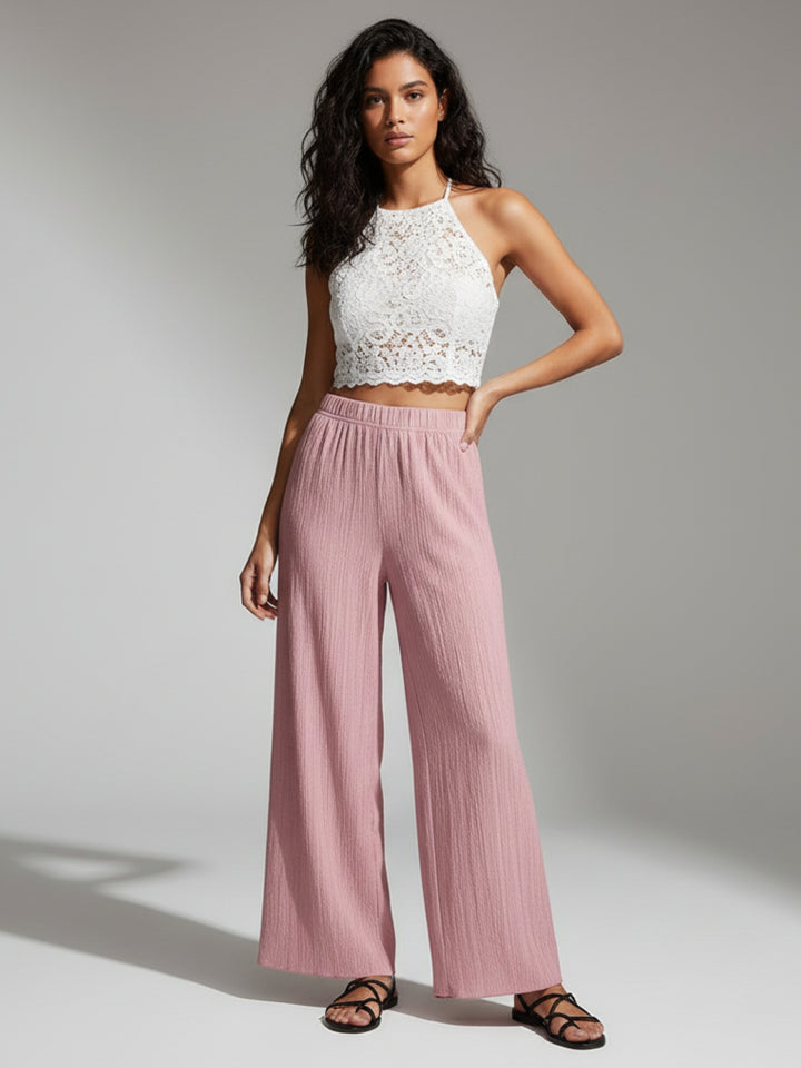 Pink Flat Waistband Textured Wide Leg Trouser