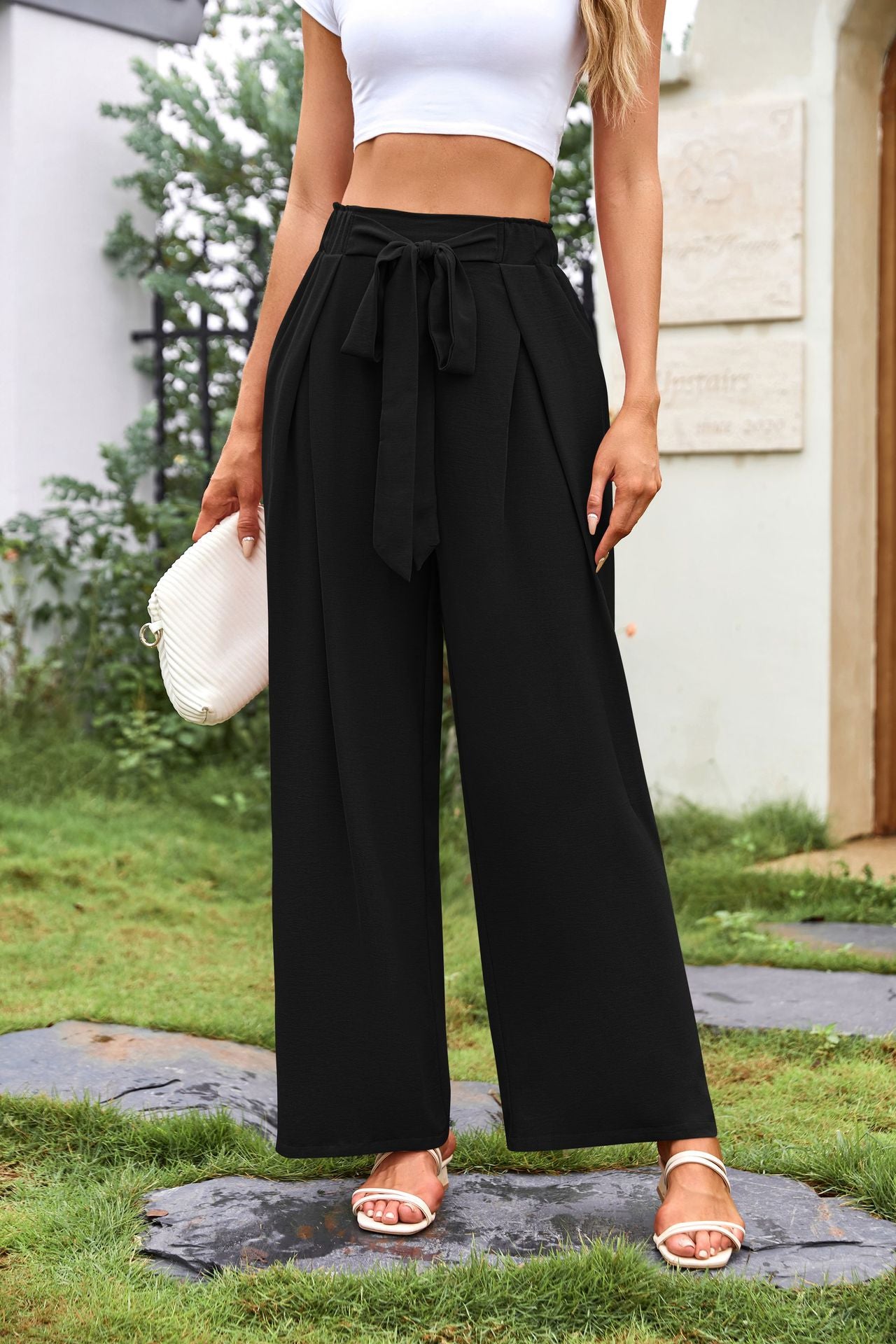 Black Knotted Elastic Band Flared Trousers