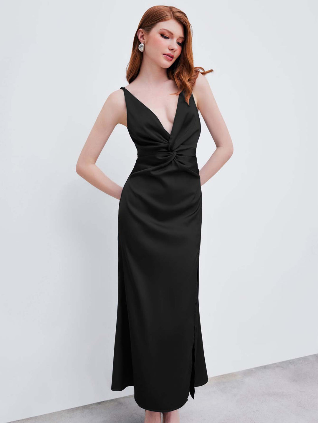 Black Strappy V-Neck Slit Dress