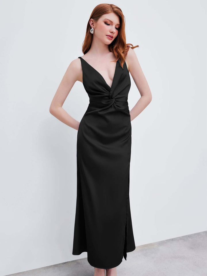 Black Strappy V-Neck Slit Dress