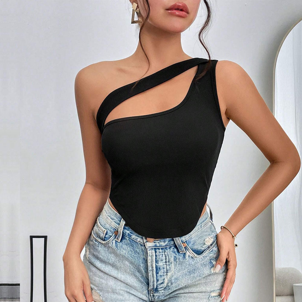 Black One Shoulder Cut-Out Detail Top