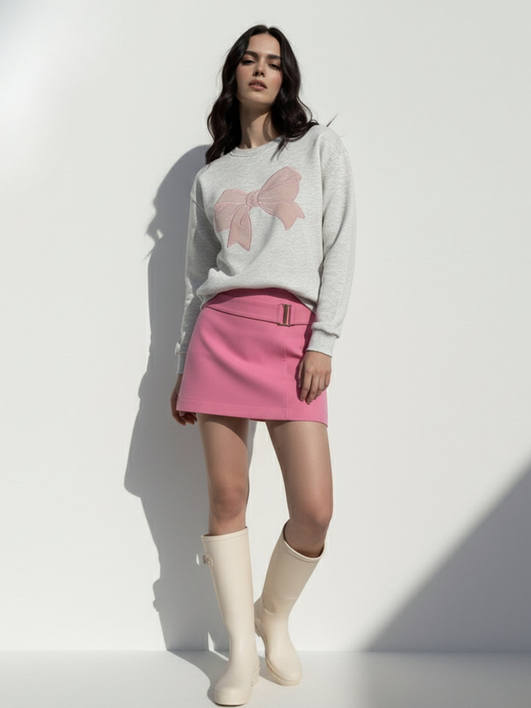 Grey Bold Bow Embroidery Sweatshirt