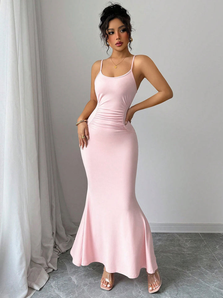 Pink Shoulder Strap Waist Ruched Dress