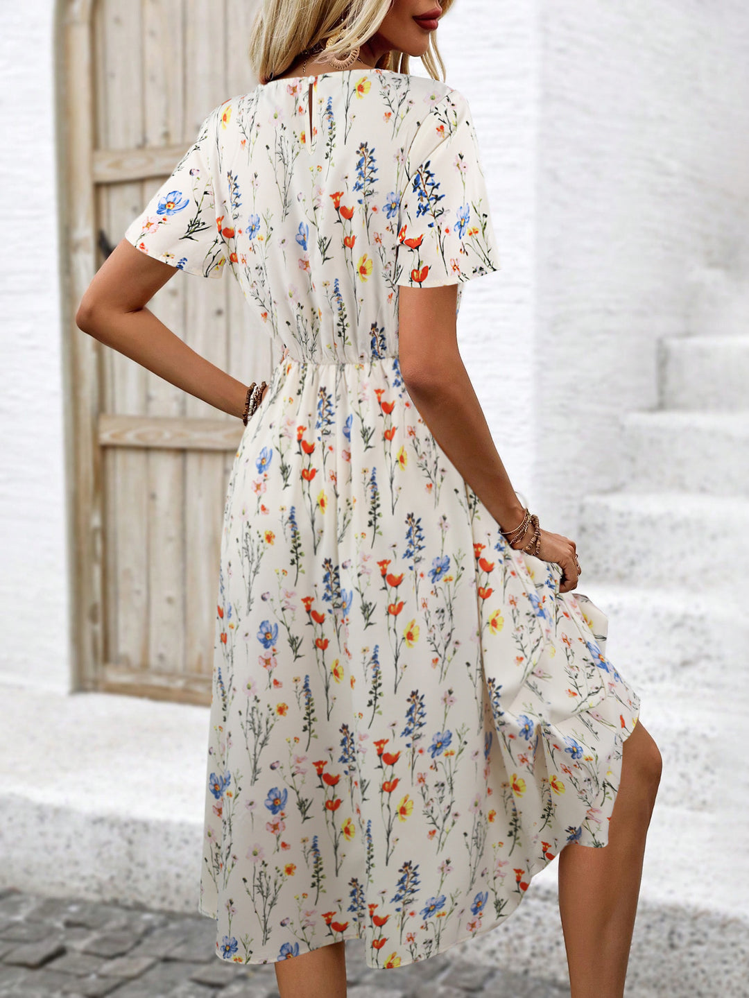 White Floral Printed Flowy Dress