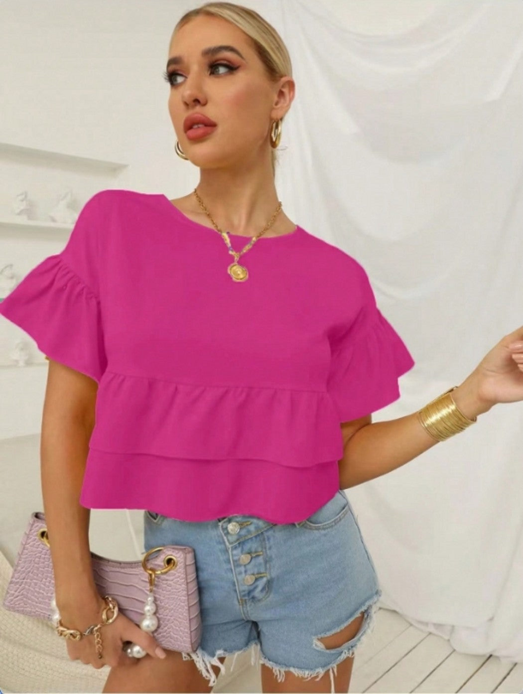 Pink Ruffle Hem Peplum Top