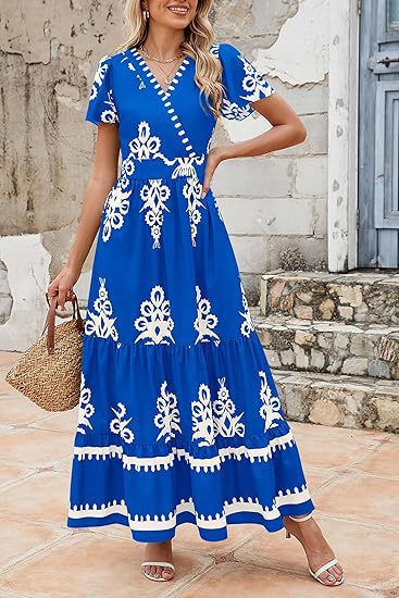 Blue Wrap Neck Contrast Coloured Printed Dress