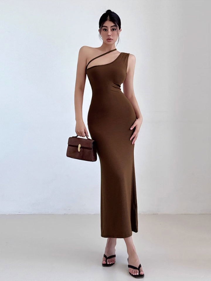 Brown One Shoulder Fitted Dress