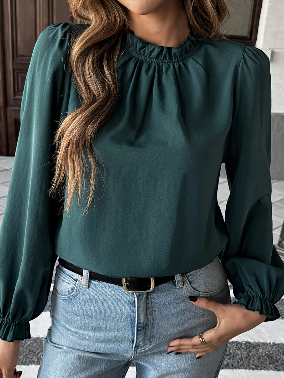 Olive Full Sleeved Ruffle Detail Top