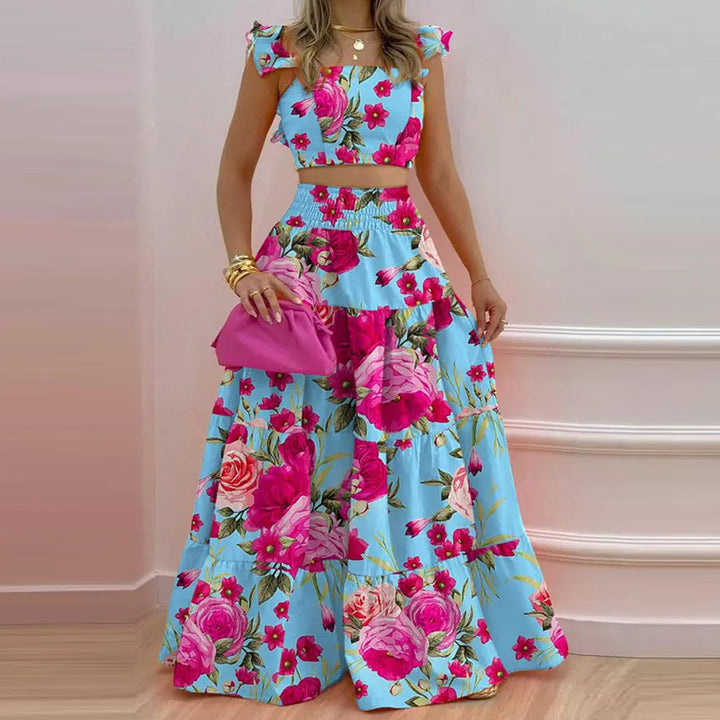 Blue Ruffle Sleeves Tiered Flared Skirt Co-Ord Set