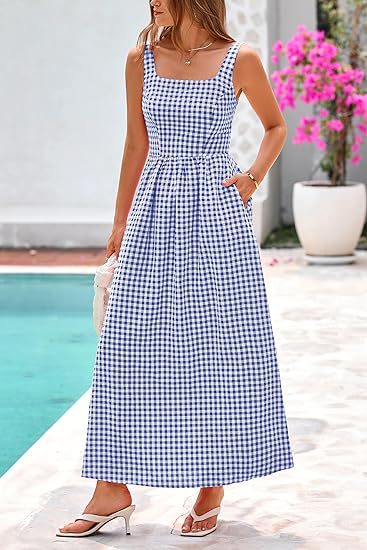 Blue Striped Square Neck Cinched Waist Dress