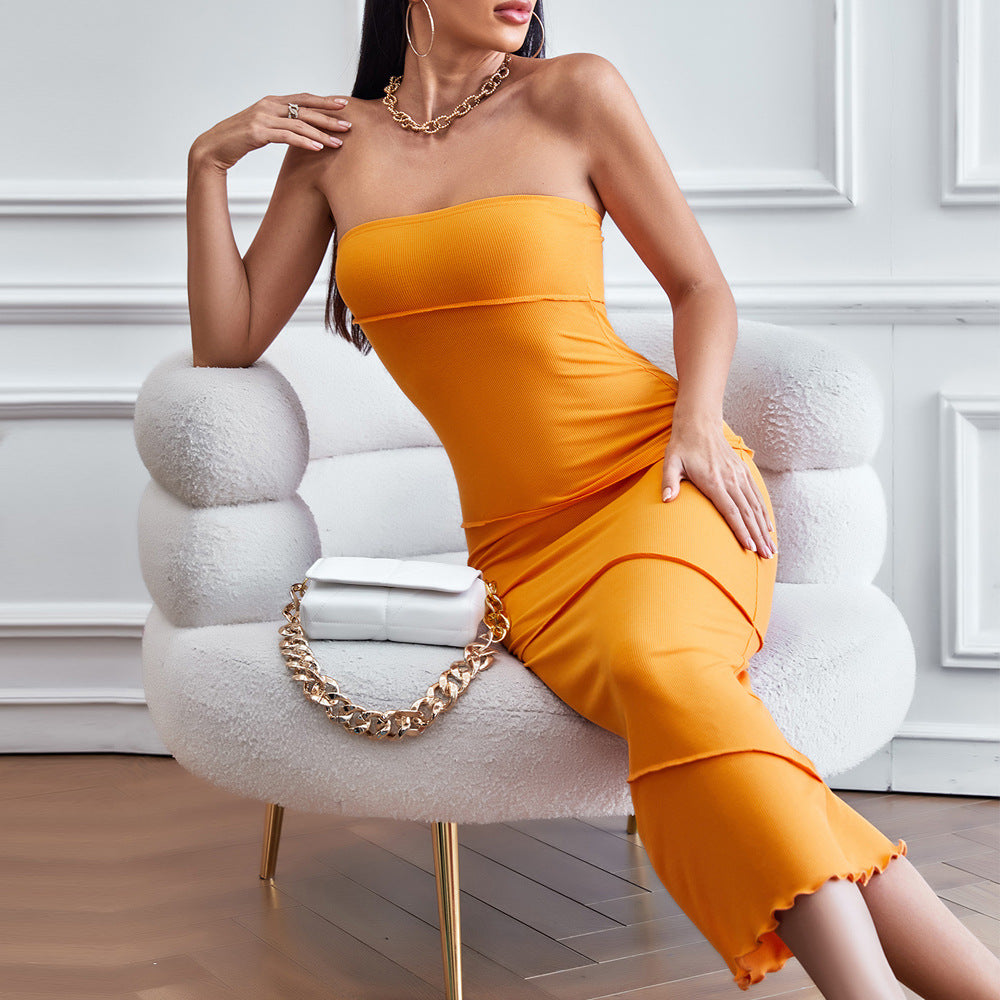 Orange Strapless Fitted Dress