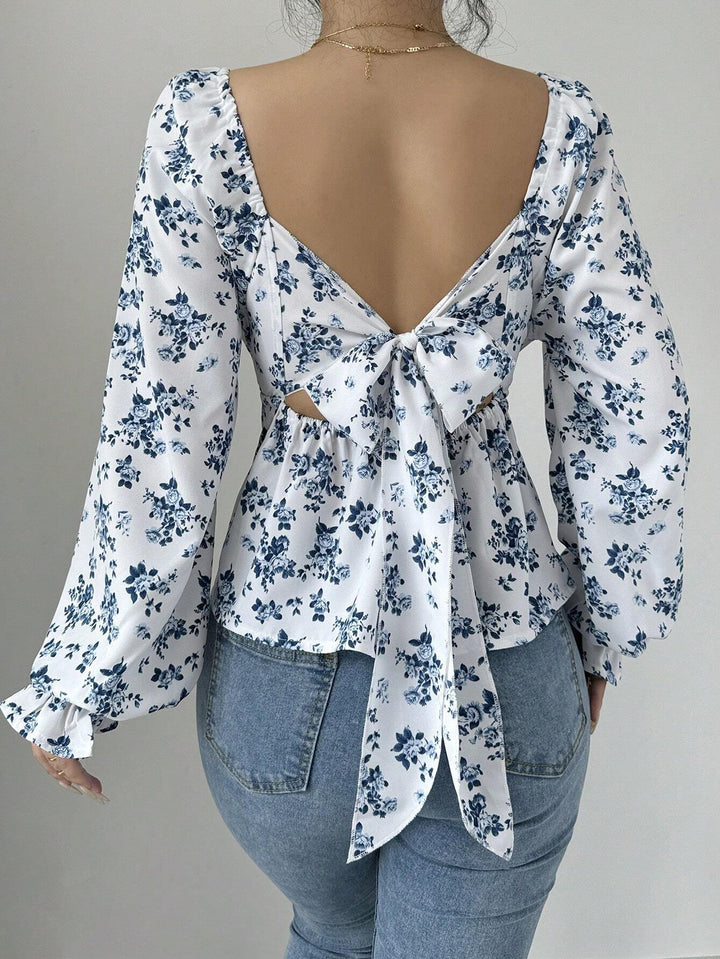 Blue Floral Printed Ruffle Top