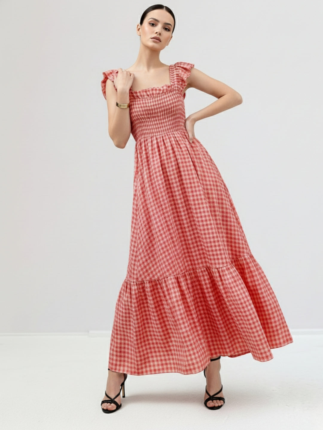 Red Flutter Sleeved Checkered Dress