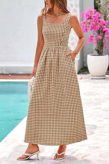Beige Striped Square Neck Cinched Waist Dress
