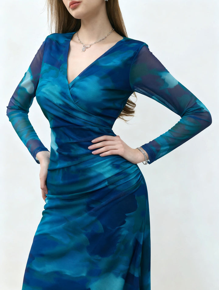 Blue Full Sleeve V Neck Dress