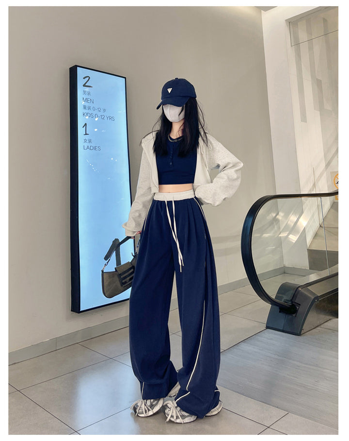 Blue High Waist Contrast Band Baggy Pant
