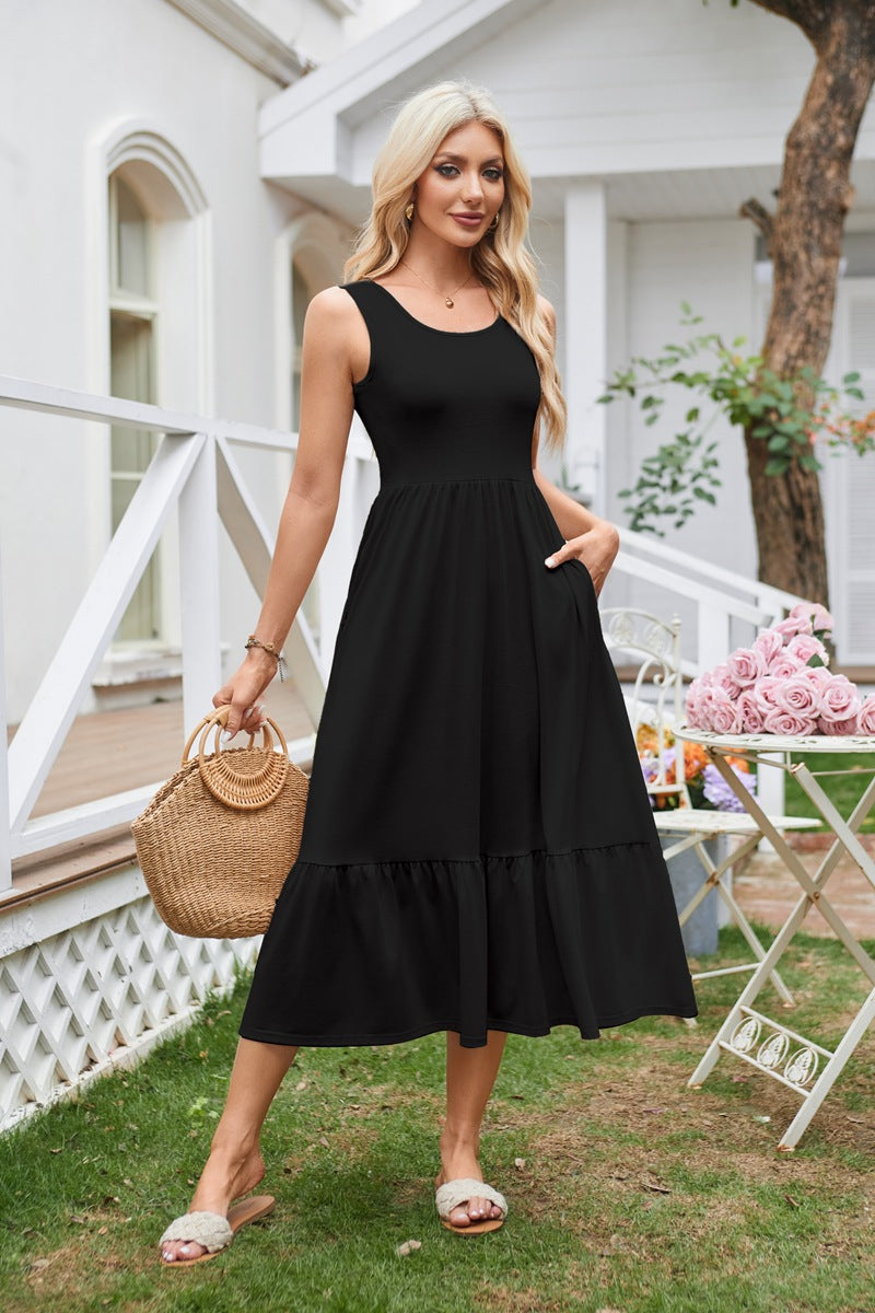 Black Sleeveless Tiered Dress With Pockets