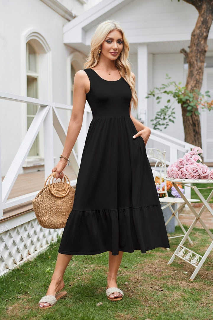 Black Sleeveless Tiered Dress With Pockets