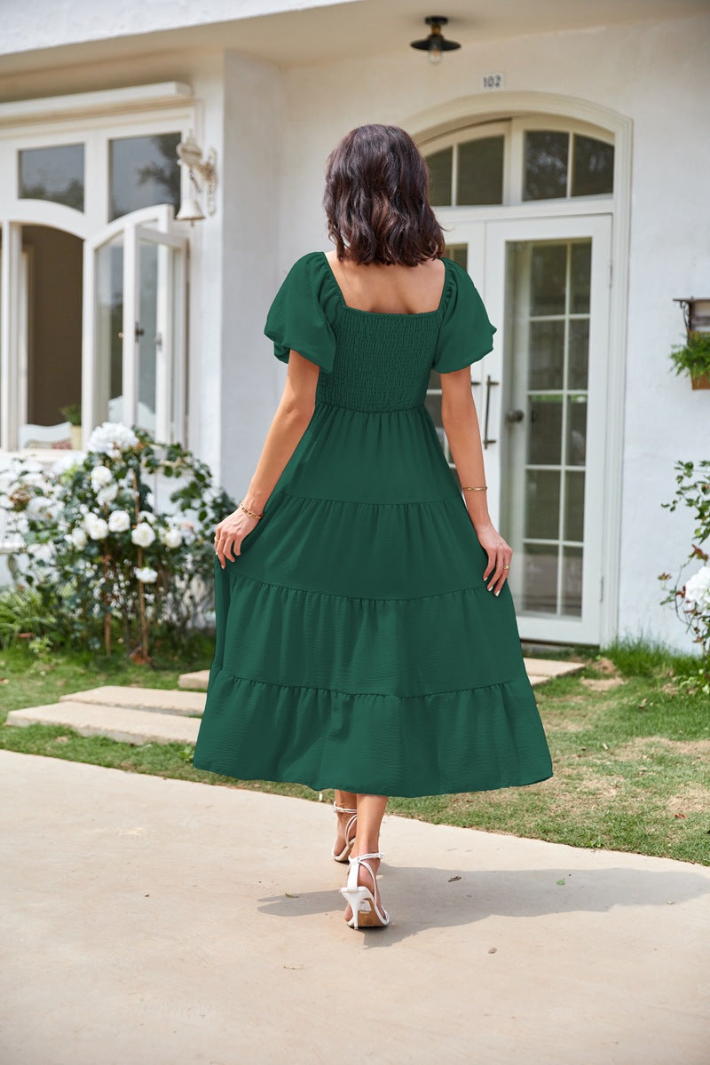 Green Square Neck Puff Sleeved Tiered Dress