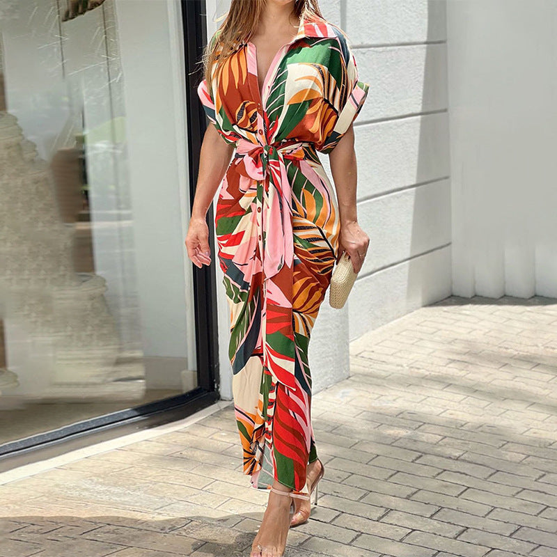 Pink Printed Waist Tie Up Straight Fit Dress