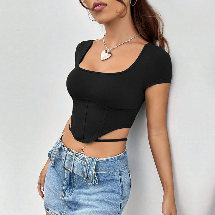 Black Short Sleeve Corset Style Top