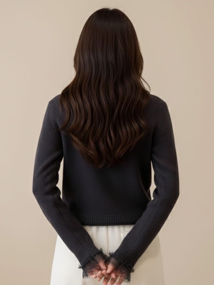 Navy Blue Full Sleeve Lace Hem Buttoned Top