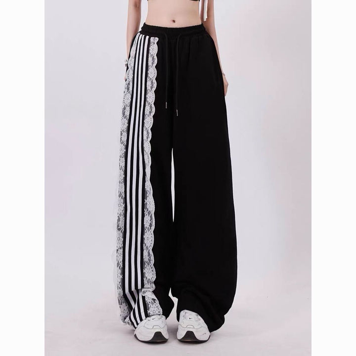 Black Stripe Tape With Lace Detailed Sweatpants