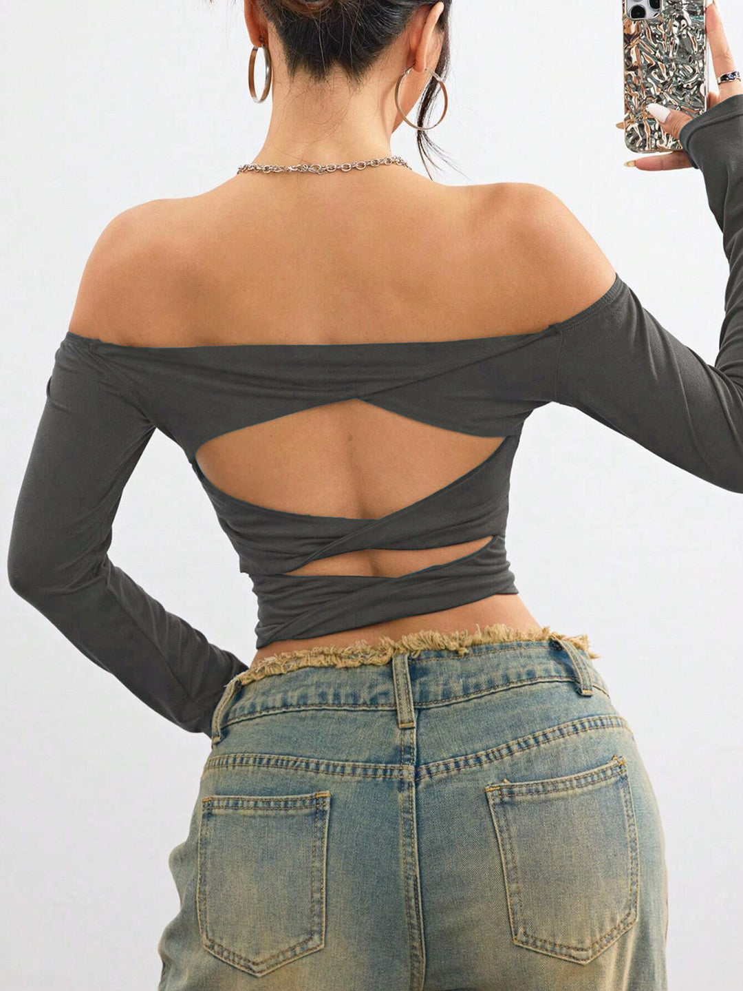 Grey Off Shoulder Full Sleeve Top