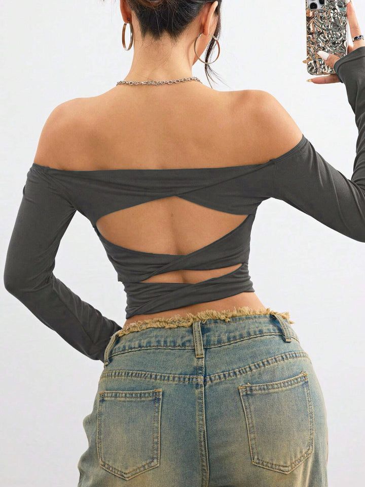 Grey Off Shoulder Full Sleeve Top