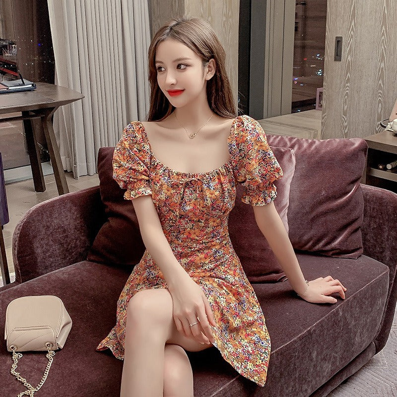 Orange Puff Sleeves Fit And Flare Dress