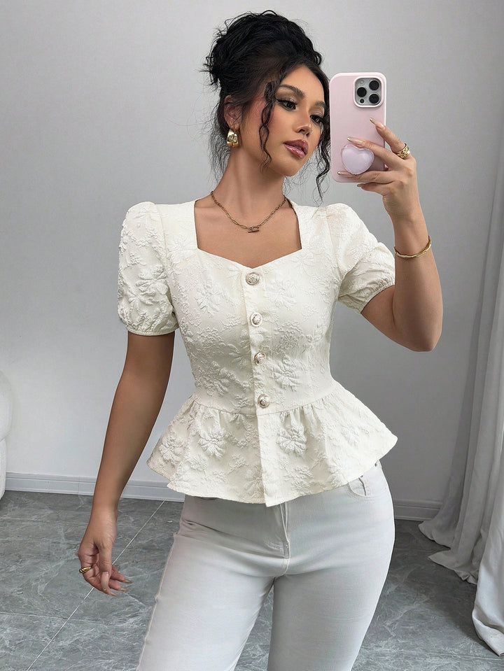 White Puff Sleeve Front Buttoned Top