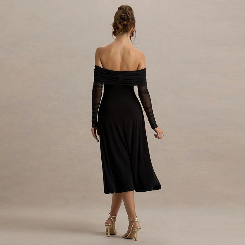 Black Off-shoulder fit & flare solid dress
