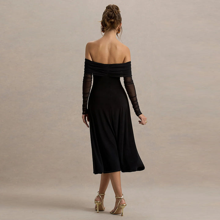 Black Off-shoulder fit & flare solid dress