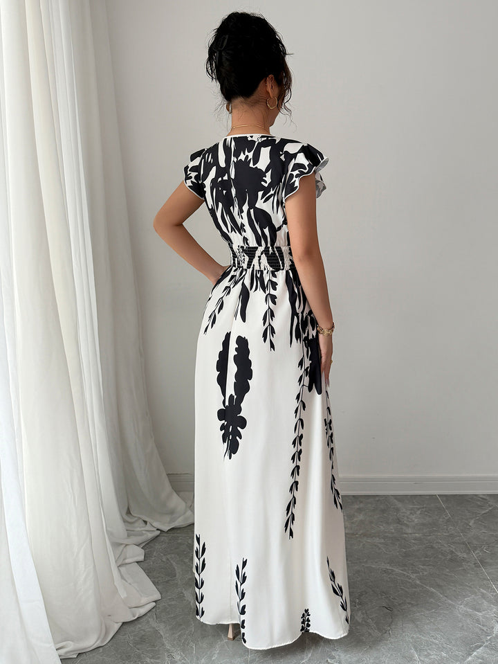 White V-Neck Ruffles Sleeved Maxi Dress