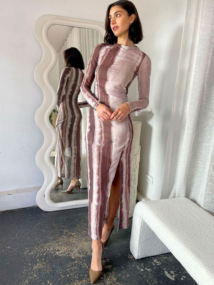 Brown High Slit Slim Fit Dress