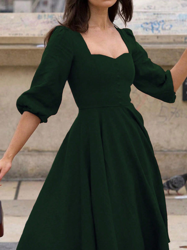 Green Bishop Sleeeve Sweetheart Neck Dress