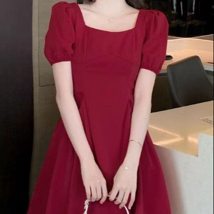 Red Square Neck A-Line Mini Dress
