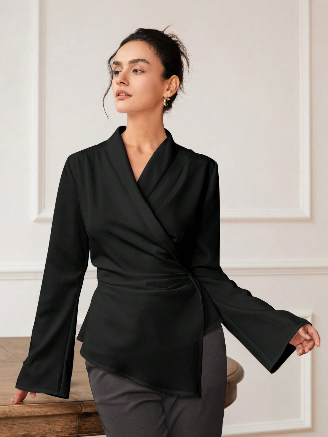 Black Bell Sleeve Wrapped Detail Top