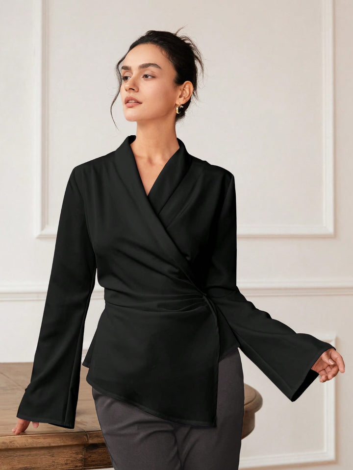 Black Bell Sleeve Wrapped Detail Top